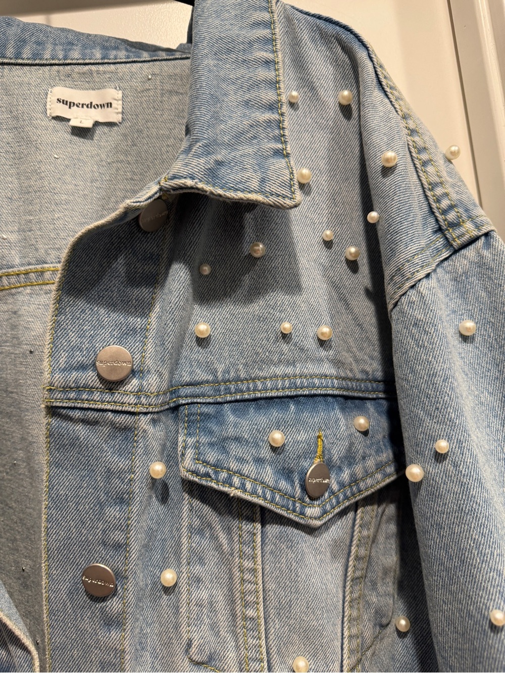 Superdown Pearl-Embellished Light Blue Denim Jacket - L NWT - Picture 2 of 5